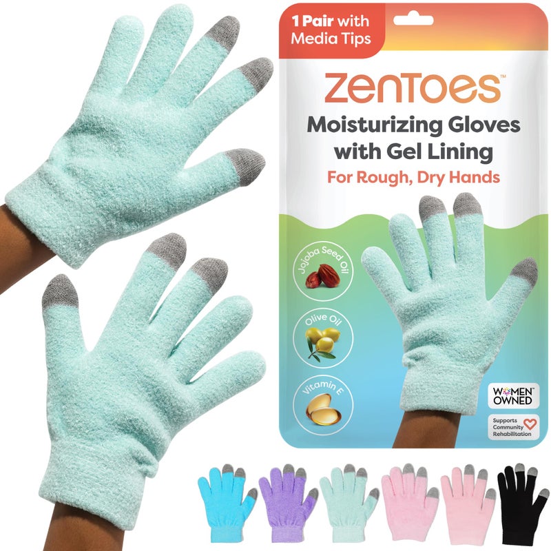 Zentoes قفازات زين توز المرطبة لليدين الجافة، جل م infused بزيت بذور الجوجوبا، زيت الزيتون وفيتامين E، مرطب لليدين طوال الليل (مقاس موحد، لون أخضر نعناعي مع أطراف وسائط) - Image 1